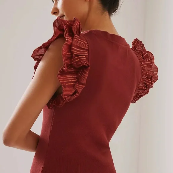 Anthropologie Burnt Red Fall Lurex Ruffle Sleeve Metallic Tank Blouse Shirt Sz S - Picture 3 of 9